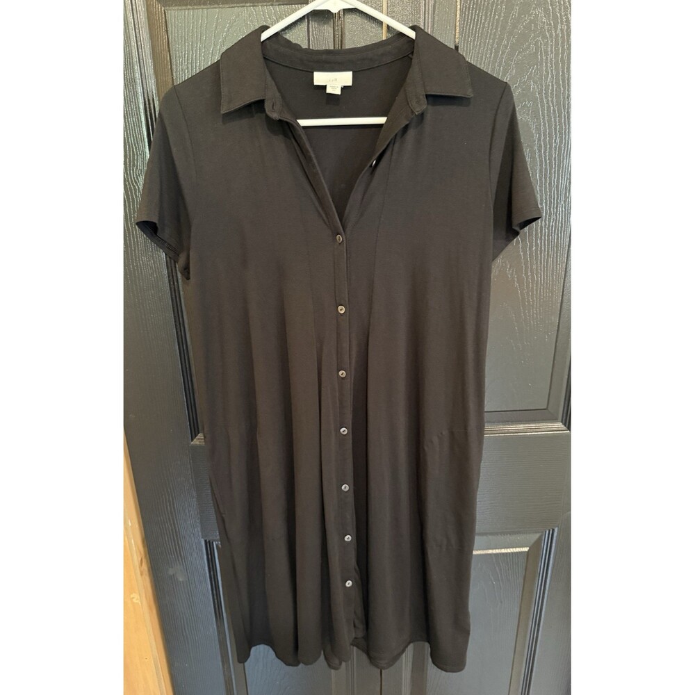 J. Jill Shirt Dress Black Pima Cotton Short Sleeves Pockets Soft Collared Sz XS